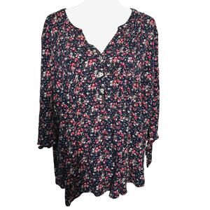 WESTPORT Women's 3X‎ Navy Blue Pink Ditsy Floral Boho Peasant Blouse Tunic Top